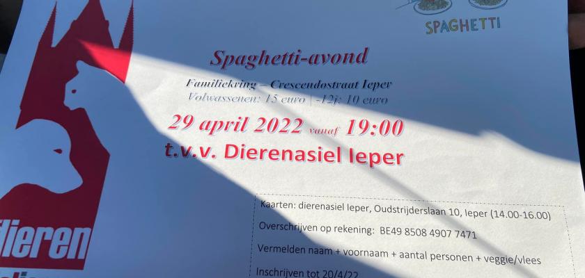 Spaghetti-avond : 29 april 2022 in de zaal familiekring, crescendostraat te Ieper